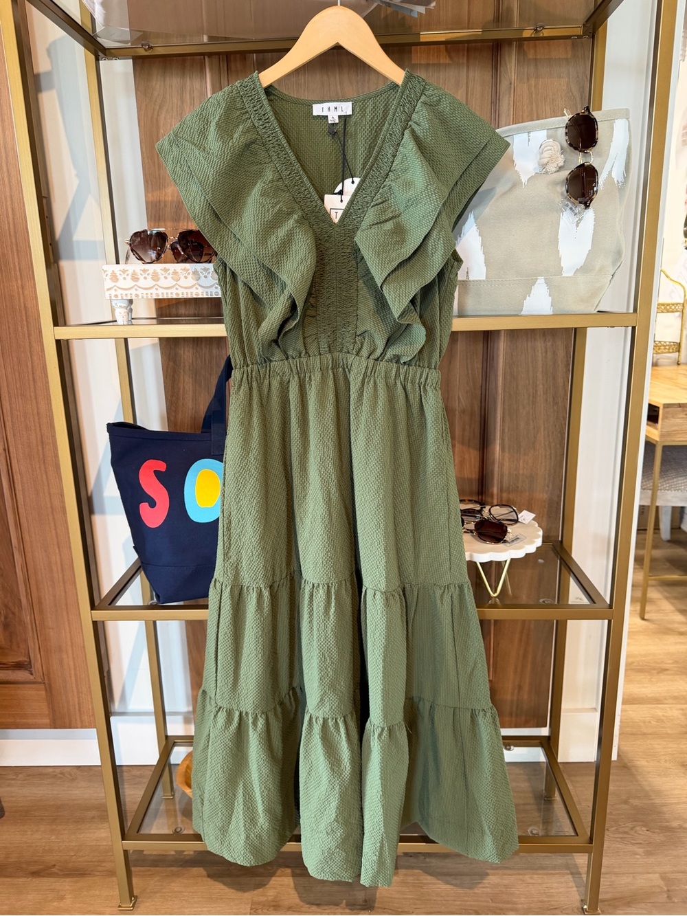 THML Olive Green Ruffle Tiered Maxi Dress
